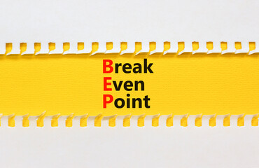 BEP break even point symbol. Concept words BEP break even point on yellow paper on a beautiful white paper background. Business and BEP break even point concept. Copy space.