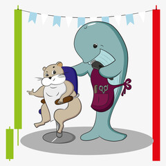 The whale is going to cut the hamster, red and green Japanese Candlesticks, pump turns into dump, trading vector illustration