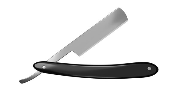 Straight steel razor for shaving with black handle isolated on transparent background. Barber concept. 3D render