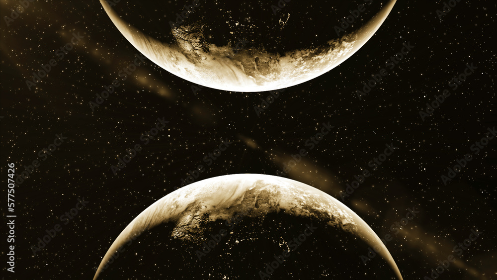 Poster 3d animation with approaching planets. motion. collision of parallel planets on background of space 