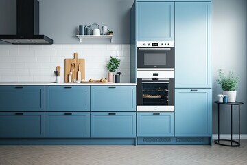 Scandinavian style kitchen interior design in blue and white colors with oven and induction hob. Generative AI
