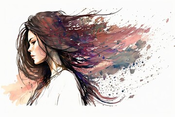 Wall art, wallpaper frame art, painting, line art, watercolor art, woman face profile, scenery, sketch, woman silhouette, pastel color, AI generated art