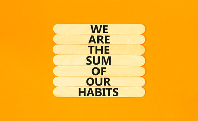 Our habits symbol. Concept words We are the sum of our habits on wooden stick. Beautiful orange...