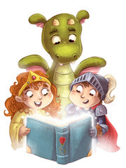 Illustration of children and dragon with book of Sant Jordi