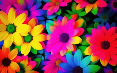 Fototapeta premium Psychedelic pattern of colorful acid flowers in the style of the 70s. Generative AI.