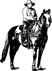 Fototapeta na wymiar Silhouette of cowboy sitting on horse, sketch drawing illustration of Cowboy Riding Horse, Cowboy Drawing