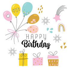 Birthday party background. Birthday party. Party balloons decoration of different colors, gift boxes, stars