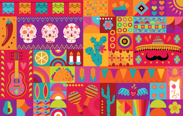 Mexican bright music pattern with skulls, sombrero hat, mustache, maracas, guitar, taco, nachos, avocado, cactus and chilli pepper vector background. Mexican design