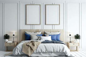 Two empty canvases in beige bedroom with wooden bed, blue pillows, two bedside tables and carpet on white wood floor. Concept of modern interior design. Mock up. Generative AI