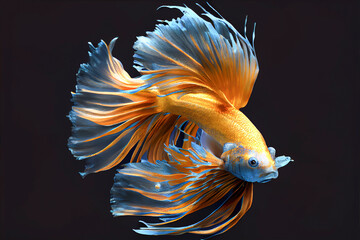 beautiful betta fish with long tail in turquoise blue colors on a black background. decorative image or for graphic design created with Generative AI technology