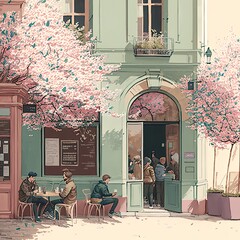 Wall art, wallpaper frame art, painting, city street life, spring time, trees, leisure, city cafe, crowded streets, AI generated art