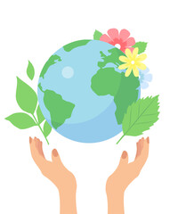 Blue Earth with plant in hands. Poster for World Earth Day. Save Earth.