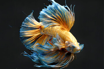 beautiful betta fish with long tail in turquoise blue colors on a black background. decorative image or for graphic design created with Generative AI technology