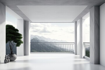 Luxury concrete open space balcony interior with blank mock up place for your advertisement, panoramic sky and clouds view, daylight. Generative AI