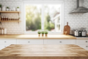 Empty wooden table and blurred kitchen background, can be used for display or montage your products. Generative AI