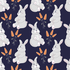 Cute bunny with carrot. Childish illustration. Vector seamless pattern