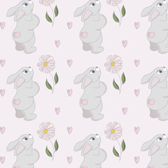 Cute bunnies with flowers. Seamless pattern on the pink background. Vector illustration