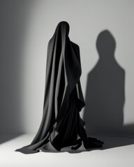 Naklejka premium shadow of a figure with a chiffon shawl draped around them. Podium, empty showcase for packaging product presentation, AI generation.