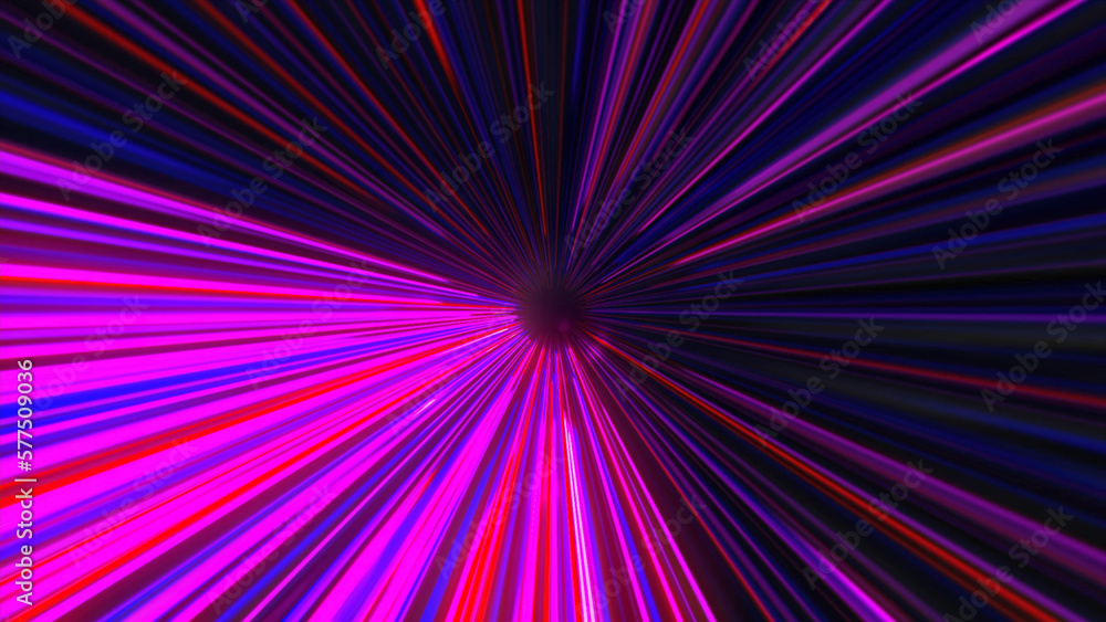Poster rotating cyber tunnel with neon stripes. motion. jump into cyberspace with bright neon rays of tunne