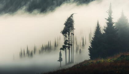 Natural background - Find Peace and Tranquility in the Moody Silence of a Foggy Spring Forest - ai generated