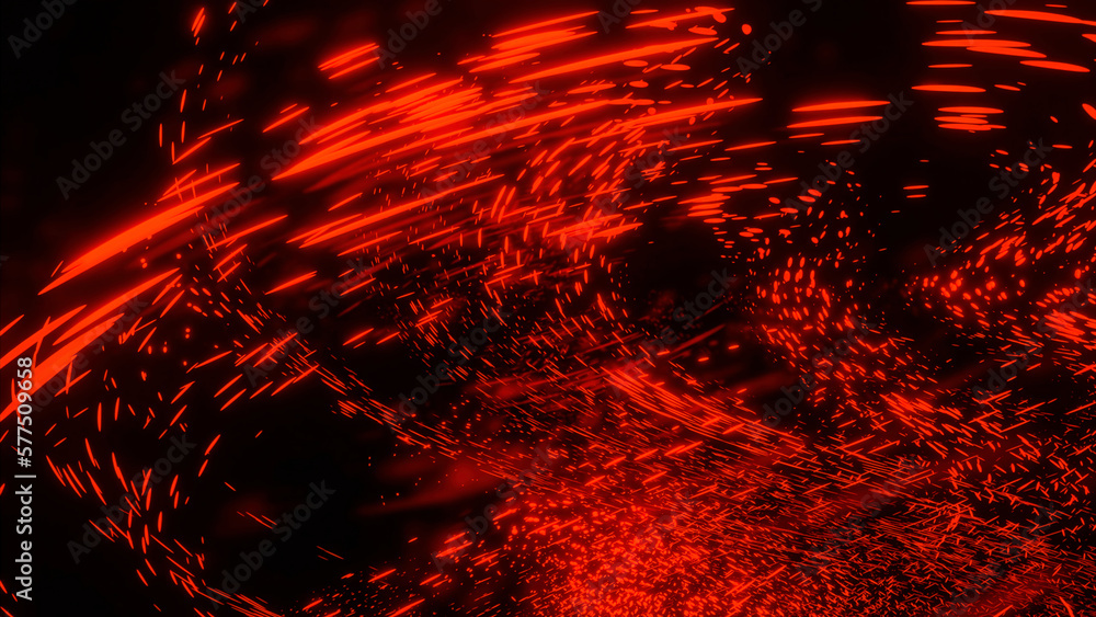 Poster Red fast moving light. Design.A bright red floating color that flies across the black background in different directions in abstraction.