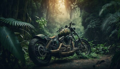 Vintage chopper motorbike in the jungle. Generative AI