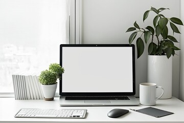Laptop showing blank screen on a white wooden desk with a white poster and accessories. Generative AI