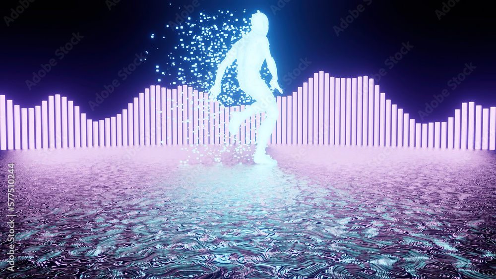 Poster dancing silhouette of a man in animation. design.a bright multicolored background with a bright whit