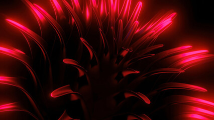 Red neon lights. Design. Black background on which sparkles red spewing lines with light in abstraction.