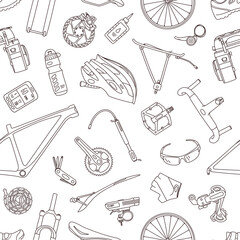 Line icon style seamless vector pattern of of bicycle parts, components, spares and accessories. 