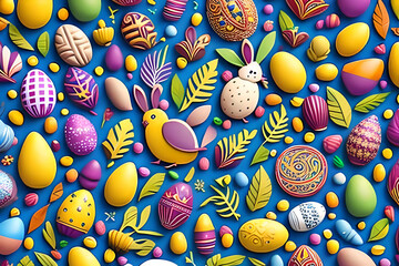 Fototapeta na wymiar Easter symbols in the bright greeting creative pattern template, joyful colours. A sample for decorative backgrounds. Ai-generated illustration.