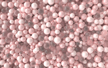 Abstract 3d rendering geometric background with pink pearl and glass spheres, beads