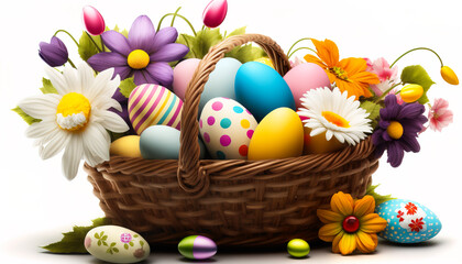 Fototapeta na wymiar Easter - Easter Basket Overflowing with Delightful Treats and Cheerful Blooms - ai generated.