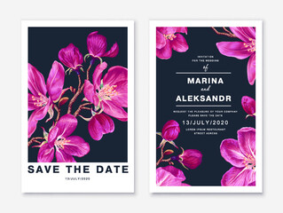 Two postcard templates with spring blooming pink apple blossoms. Vector realistic plants on dark background with space for text. Invitations, posters, social media posts, ads, flower frame.