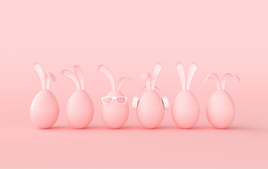 Easter egg with rabbit ears, glasses on pink background. Happy Easter big hunt or sale banner, mockup template. April holiday - Easter. 3d render