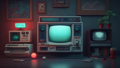 Fototapeta premium The cozy atmosphere of a room in the style of the 80s, analog TV, turntables and a taste of childhood. Nostalgia for the past