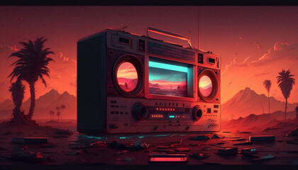 A huge 80s-90s-style turntable, neon lighting, standing in the middle of the desert,
