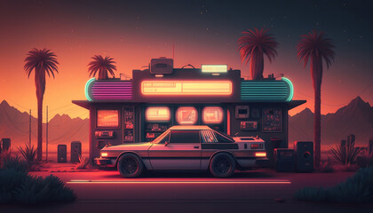 car in the background of retro futuristic scenario, future 2080s, retro future