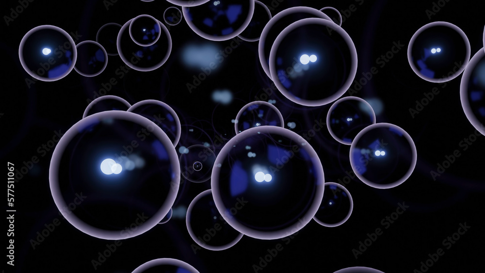 Poster black background. design. large white bubbles in animation on a dark background scatter in different