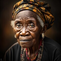 Portrait, black senior woman, with traditional african clothing, Ai Generative.