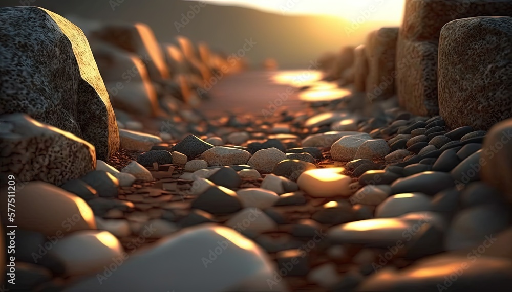 Aufkleber a path made of rocks and rocks with a sunset in the background and a few rocks on the ground with a 