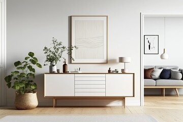 Bright scandinavian living room interior with a beige sideboard on oak wooden parquet floor and empty framed poster on white wall. Modern apartment design. Blank space for idea. Mock up. Generative AI