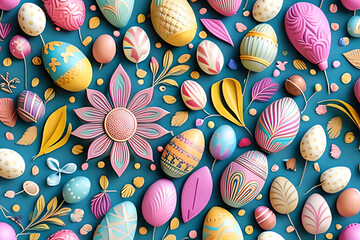 Fototapeta na wymiar Easter symbols in the joyful greeting creative pattern template, bright colours. A sample for decorative backgrounds. Ai-generated illustration.