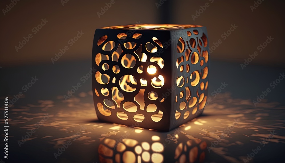Poster a lit candle holder sitting on top of a black table with a pattern on the side of the candle and a r