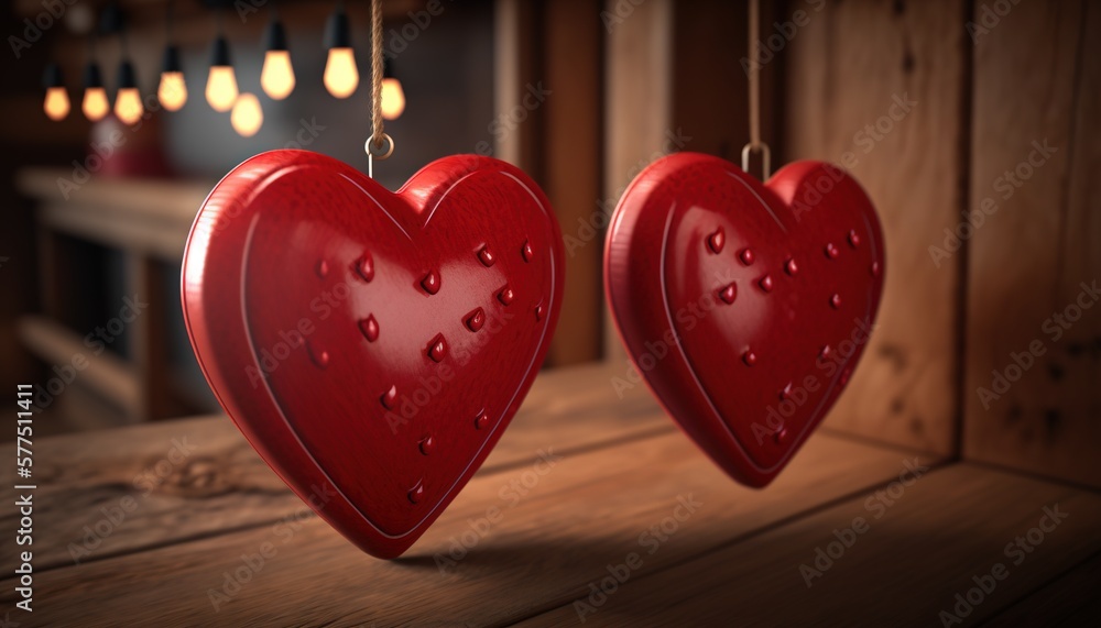 Poster two red hearts hanging from a string on a wooden table in a room with lights hanging from the ceilin