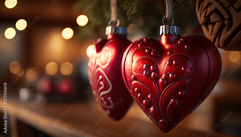 Poster a couple of red ornaments hanging from a christmas tree in front of a christmas tree with lights in 