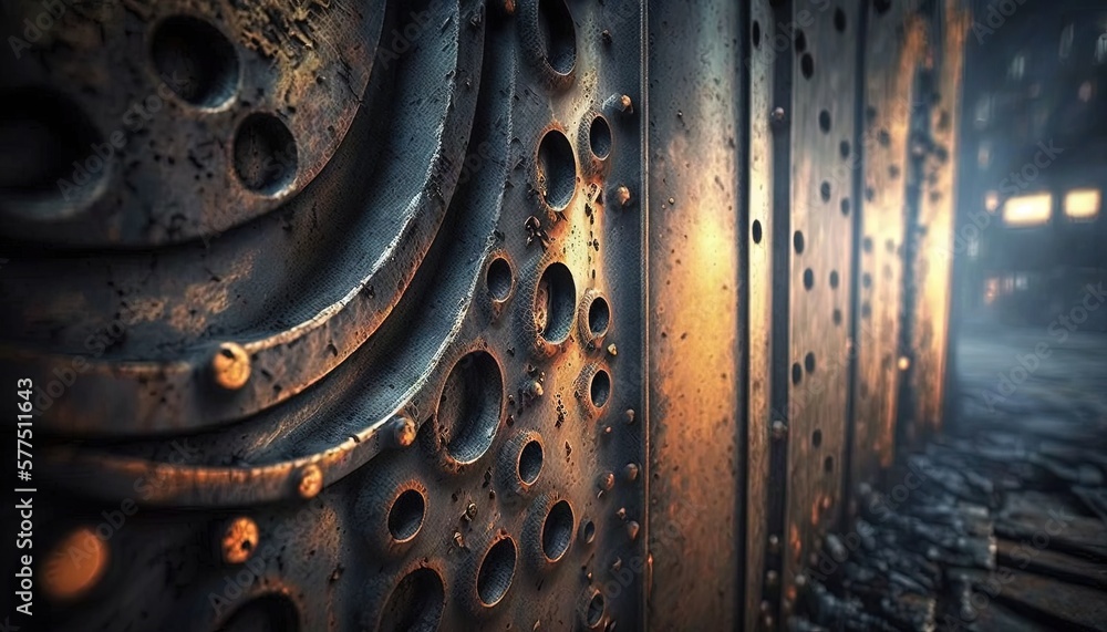 Aufkleber a row of metal pipes with holes on them in a dark room with a train in the background and a light at