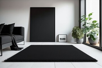 Blank black rectangular interior carpet in room mockup, front view, . Empty decorative bearskin overlay mock up. Clear canvas matting in modern room template. Generative AI