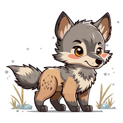 Young cute wolf. Baby wolf. Sweet adorable creature smiles friendly. Vector graphics, illustration for children.