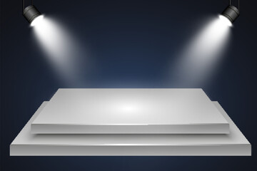 Obraz premium Podium, pedestal or platform, illuminated by spotlights in the background. Vector illustration. Bright light. Light from above. Advertising place 